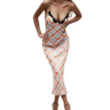 Purpdrank  Sexy Spliced Lace V neck Plaid Print Corset Sling Dress Summer Woman Slim Fit Midi Long Robe Beach Holiday Vestidos