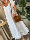 Purpdrank  Women's Casual White Swing Party Dresses YK2 Ladies Elegant O-neck Hollow Long Dress Vestidos Summer Loose Short Sleeve Dress