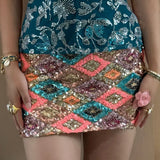 Purpdrank  Women's Sequin Mini Skirts with Bulit in Shorts Summer Versatile Low Waist Slim Fit Skirt Club Party Shinny Glitter Pencil Skirt