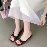 Purpdrank  High Quality Patent Leather Square Toe Bow Design Slippers Women Fashion Open Toe Thin Heel Slide Sandals Summer Elegant Sandals