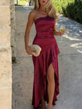 Purpdrank  Women's Elegant Burgundy Satin One Shoulder Bodycon Maxi Dress Ruched High Slit Formal Party Dress