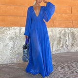 Purpdrank  Elegant Long Dress Women Loose Chiffon V Neck Long Sleeves High Waist Vestidos Female 2025 Spring Summer Solid Evening Dresses