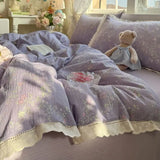 Purpdrank  Korean Style Girly Heart Floral Double Layer Gauze Four-Piece Set Princess Style Lace Trim Quilt Cover Bed Sheet Dormitory
