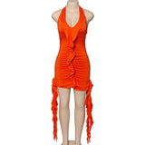 Purpdrank  Yellow Ruffles Sexy Halter Backless Summer Dresses for Women 2025 Fashion Asymmetrical Deep V-Neck Mini Party Prom Dress Ladies