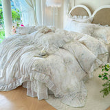 Purpdrank  100% Cotton Korean Princess Style Flowers Prints Lace Ruffles Bedding Set Duvet Cover 1.2M/1.5M/1.8M/2M Bed Skirt Pillowcases