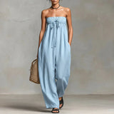 Purpdrank  Bohemian Casual Solid Wide Leg Pants Jumpsuit Woman Spring Sexy Strapless Backless Hollow Rompers Summer Lace-up Draped Overalls