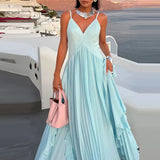 Purpdrank   Summer New Women Commute Robes Luxury V-neck Sleeveless Halter Evening Dress Elegant Pure Color High Waist Ruffles