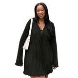Purpdrank   Dresses for Women Summer Long Sleeve V-neck Pleated Mini Dress