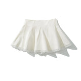 Purpdrank  Holiday Front Cross Lacing up Bandage Bow Zipper Waist Mini Skirt Women White Spliced Lace Hem Ruched Swing A-lined Skirts Black