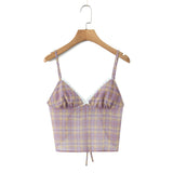 Purpdrank  Sexy Plaid Print Chiffon Lacing up Backless Camisole Tank Top + Zipper Low Waist Knee Length Mermaid Skirt 2 Pieces 1 Set