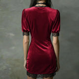 Purpdrank  Vestidos Sexy Deep V Neck Hollow Lace Dresses Woman Elegant Solid Velvet Fit Mini Dress Spring Summer Short Sleeve Bodycon Dress