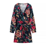 Purpdrank  Women's Floral Print Sexy Dress - Cross V Neck Long Sleeve Belted Midi Dress for Spring Summer