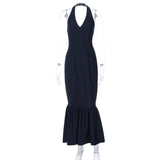 Purpdrank  Elegant Navy Blue Halter Mermaid Long Dress Women Sexy Deep V Front Sleeveless Backless Slim Bodycon Evening Party Gown