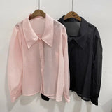 Purpdrank  Korean Chic Sheer Blouse Women Sexy Single Breasted Black Shirts Thin Bubble Sleeve Sunscreen Tops Female Summer Fashion