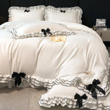 Purpdrank  Korean Style Lace Ruffles Princess Bedding Set, Duvet Cover, Bed Skirt, Fitted Sheet, Flat Sheet, Pillowcases, Black Bow, White