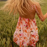 Purpdrank  Casual Loose Beach Vacation Dress Summer Sexy V-neck Floral Printed Halter Dress Elegant Backless Pleated Sleeveless Mini Dress
