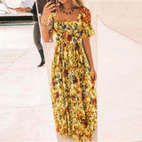 Purpdrank  Summer Beach Dress Women Casual Short Sleeve Square Collar Elastic Waist High Waist Bohemian Floral Print Maxi Dress Plus Size
