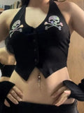 Purpdrank  Summer Vests 2025 Women's Sexy Skull Crystal Sleeveless Halter Neck Button Through Streetwear Vests