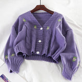 Purpdrank  Women Knitted Cute Fashion Loose Sweater Spring Autumn V-Neck Lantern Sleeve Embroidery Floral Harajuku Female Cardigan