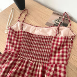Skin Flower Vintage Dark Red Checkered Small Man Sundress Summer Seaside Vacation Fairy Dress