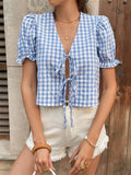 Purpdrank  Holiday Style V-neck Puff Sleeve Plaid Shirt Top Women Fashion 2025 Summer Boho Lace Up Casual Short Blouses