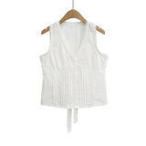 Purpdrank  Summer Plain White Spliced Lace V neck Sleeveless Tank Women Open Buttons Slim Waist Tie Bow Sashes Back Tank Top Crop Tops