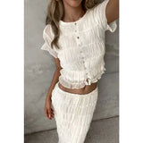 Purpdrank  Sheer Outfits Sexy Women Chiffon Skirt Set Elegant Short Sleeve Button Crop Top Bodycon Layered Ruffle Maxi Skirt Two Piece Set