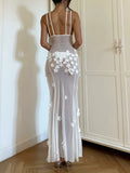 Women Fashion Sheer Mesh Sleeveless Dress Summer V Neck Flower Slit Party Dress for Cocktail Beach Club Streetwear