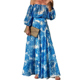 Purpdrank  Summer Sexy Off Shoulder Women Long Dress Vacation Style Blue Printed High Waist Bubble Sleeve Sexy Maxi Dresses