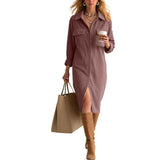 Purpdrank  Women's Corduroy Maxi Dress Lapel Collar Button Down Long Sleeve Casual Shirt Dress With Pockets Loose Side Slit Office Dresses
