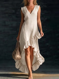 Purpdrank  Elegant Cotton Sleeveless Long Dresses For Women  Summer Solid Color V-neck  Party Maxi Dress Casual