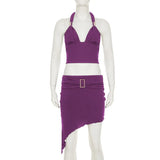 Purpdrank  Sexy Deep V-Neck Sequins Two Piece Women Dress Sets 2025 Summer Fashion Bandage Backless Tube Top and Irregular Mini Skirts Suit