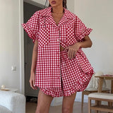 Purpdrank  Lotus Leaf Edge Fashionable Casual Plaid Shirt High Waisted Shorts Set for Women 2025 Summer New Item