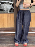 Purpdrank  Chic Autumn New Retro All-Match Elastic Waist Dstring Loose Casual Wide Leg Jeans Women's Trousers Casual Loose Fit Jeans
