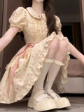 Purpdrank  Sweet Floral Doll Collar Princess Style Dress Women's Summer Bubble Sleeve Short Waist Cinched Fluffy Skirt Citywalk A-Line