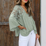 Purpdrank  Faionable Women's S2XL Blouse Lace irt Tops Summer Lady's Long Sve Cotton V-Ne Hollow out Splicing Bellsve
