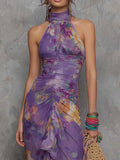 Purpdrank   Summer Ruffle Draped Holiday Long Dress Women's Fashion Off Shoulder High Waist Party Dresses Purple Print Slim Irregular Dress