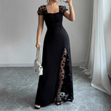 Purpdrank   Women's Formal Maxi Dress Square Neck Floral Sheer Long Sleeve Ruched Split Evening Gown