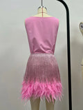 Purpdrank  Sexy Pink Sequined Tassel Faux Feather Two Piece Sets Women 2025 Fashion Y2K Party Club Outfits Summer Tank Tops and Mini Skirts