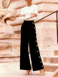 Purpdrank  Women's Trendy Gold Button High Waist Wide Leg Black Pants Loose Solid Color  Elegant Office Work Casual Trousers Bottoms