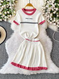 Purpdrank  Korean Sle Student Stripe Knitted T-irt Top High Waist A-Line Skirt Set round Ne ort Sve Casual Faion Ensemble