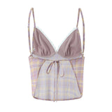Purpdrank  Sexy Plaid Print Chiffon Lacing up Backless Camisole Tank Top + Zipper Low Waist Knee Length Mermaid Skirt 2 Pieces 1 Set