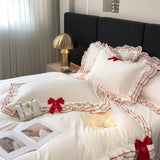 Purpdrank  Korean Style Lace Ruffles Princess Bedding Set, Duvet Cover, Bed Skirt, Fitted Sheet, Flat Sheet, Pillowcases, Black Bow, White