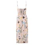 Purpdrank  Retro French Style Pink Floral Print Cut out Bow Front V neck Sling Dress Cross Slit Hem Midi Long Tank Dresses Femme Vestidos