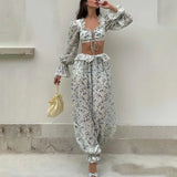 Purpdrank  Sexy V-neck Exposed Navel Set and Long Pants 2pc Set Fashion Street Wear Holiday Suit Spring Summer Floral Print Women's Outfit