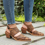 Purpdrank  Plus Size 48 Women's Western Cutout Laser-Cut Slingback Sandals Pointed Toe Chunky Wooden Heel Vintage Cowboy Shoes Brown/Pink
