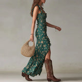 Purpdrank  Bohemian Vacation Beach Maxi Dress Woman New Spring Floral Print Strapless Party Dress Summer Ruffle High Split Sling Long Dress
