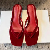 Purpdrank  Red Satin Kitten Heel Design Slippers Women Summer Sexy Clip Toe Brand Flip Flops Comfort Square Toe Outdoor Casual Beach Shoes