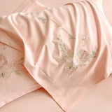 Purpdrank  Beige/Pink Flowers Butterfly Embroidery 100% Cotton Bedding Set Duvet Cover Set Bed Sheet/Fitted Sheet Pillowcases 4Pcs Bed Sets