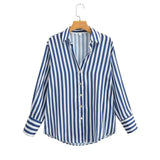 Purpdrank  CHIC Autumn Lapel Blue White Striped Print Bright Satin Shirt Women Single-Breasted Buttons Full Sleeve Loose Blouses Tops